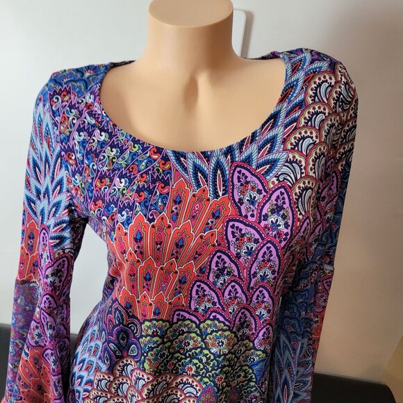 Bohemian/Retro Style Bell Sleeve Tunic Dress Multicolor Peacock Feather Print - Picture 2 of 16